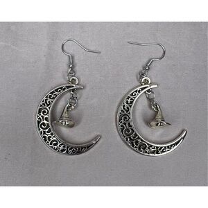 Handmade Silver Dangly Crescent Moon Earrings With Witches Hat